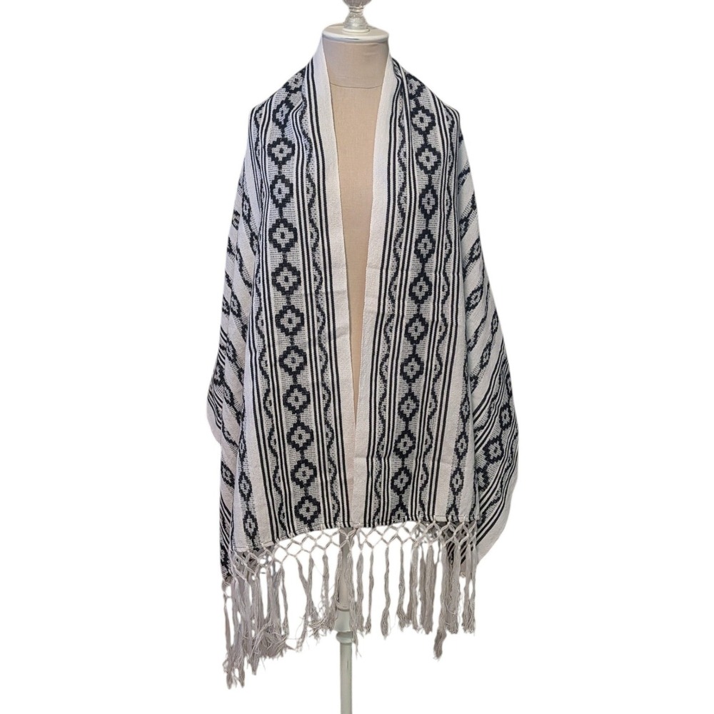Mexican Rebozo Scarf Handwoven Black White Geometric Diamond Fringe Shawl Wrap